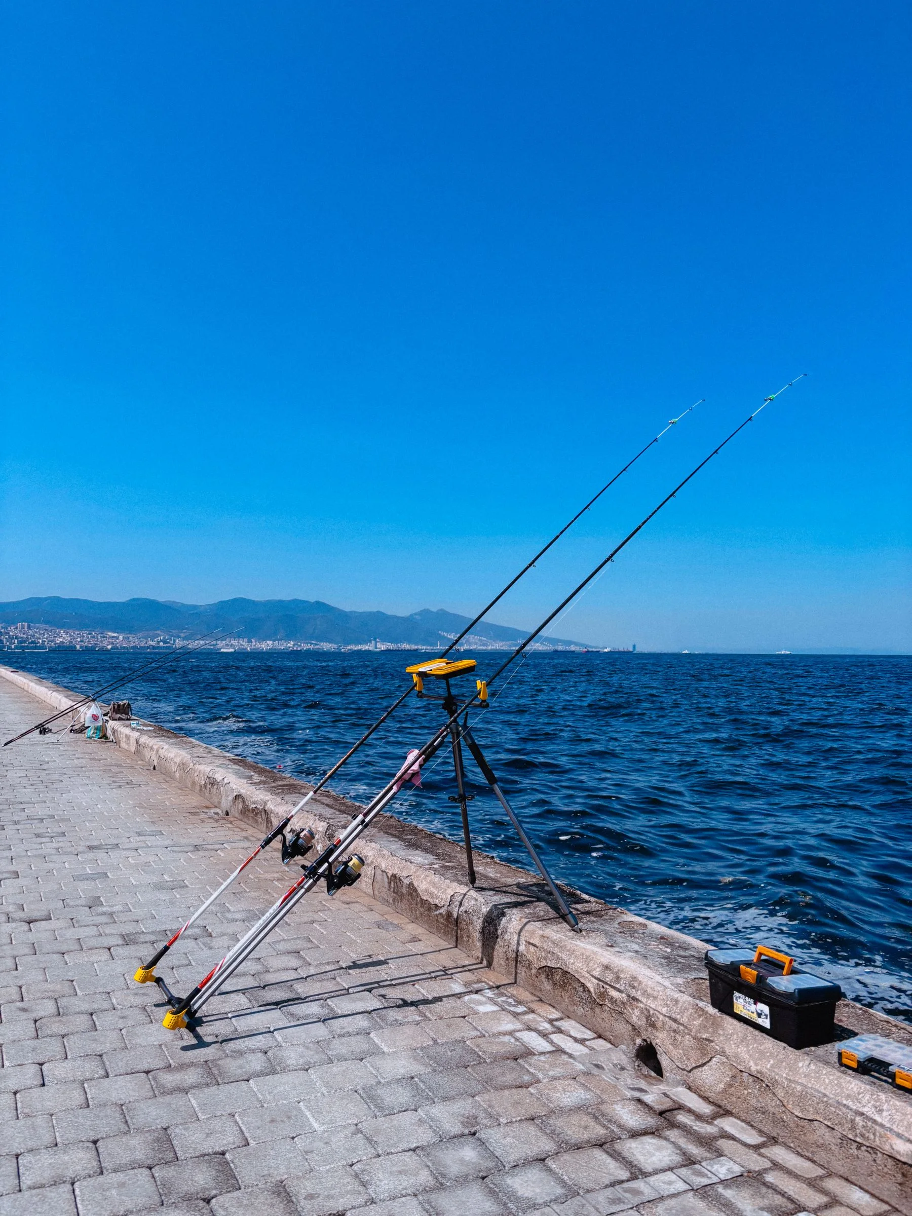 Fishing rods set up along a sunny waterfront promenade.