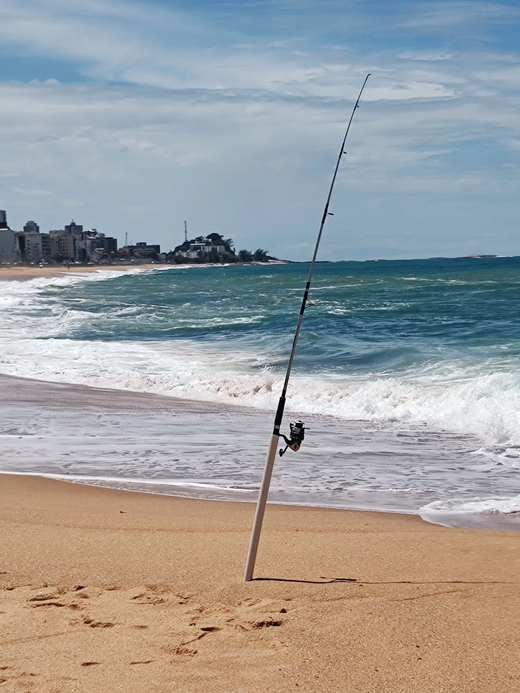 A fishing rod standing on a sandy beach overlooking the sea.